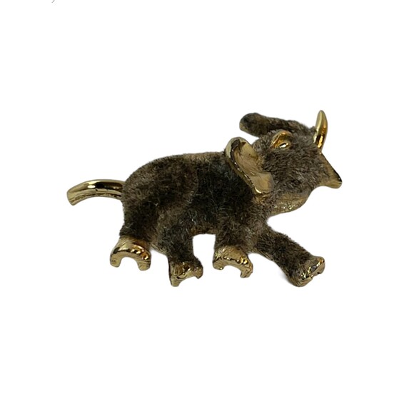 Flocked Grey Elephant Brooch Pin Gold Tone 1.5" Enamel Vintage Jewelry - Picture 5 of 12